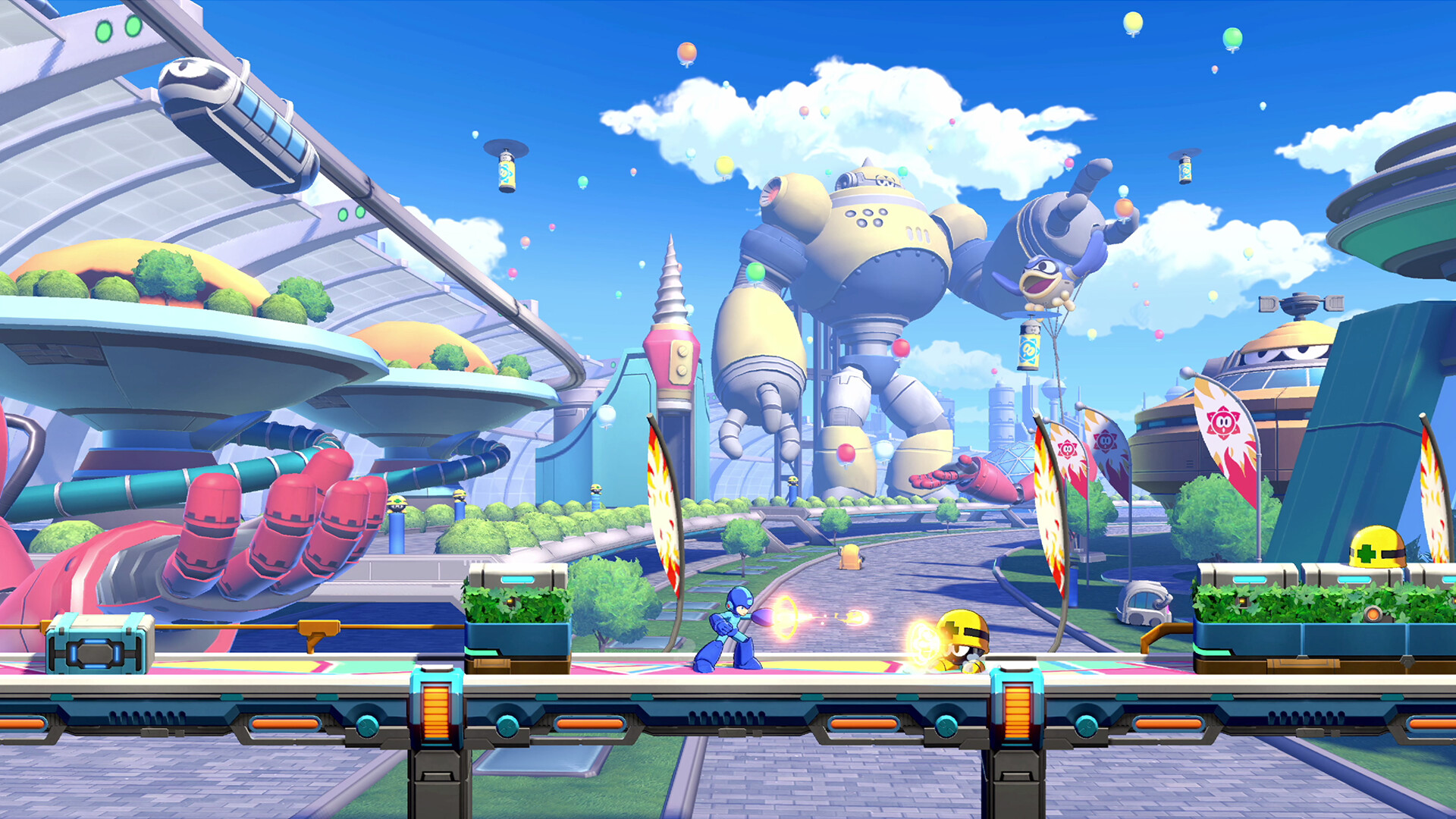 Mega Man: Dual Override screenshot: Mega Man running through a bright futuristic city stage.
