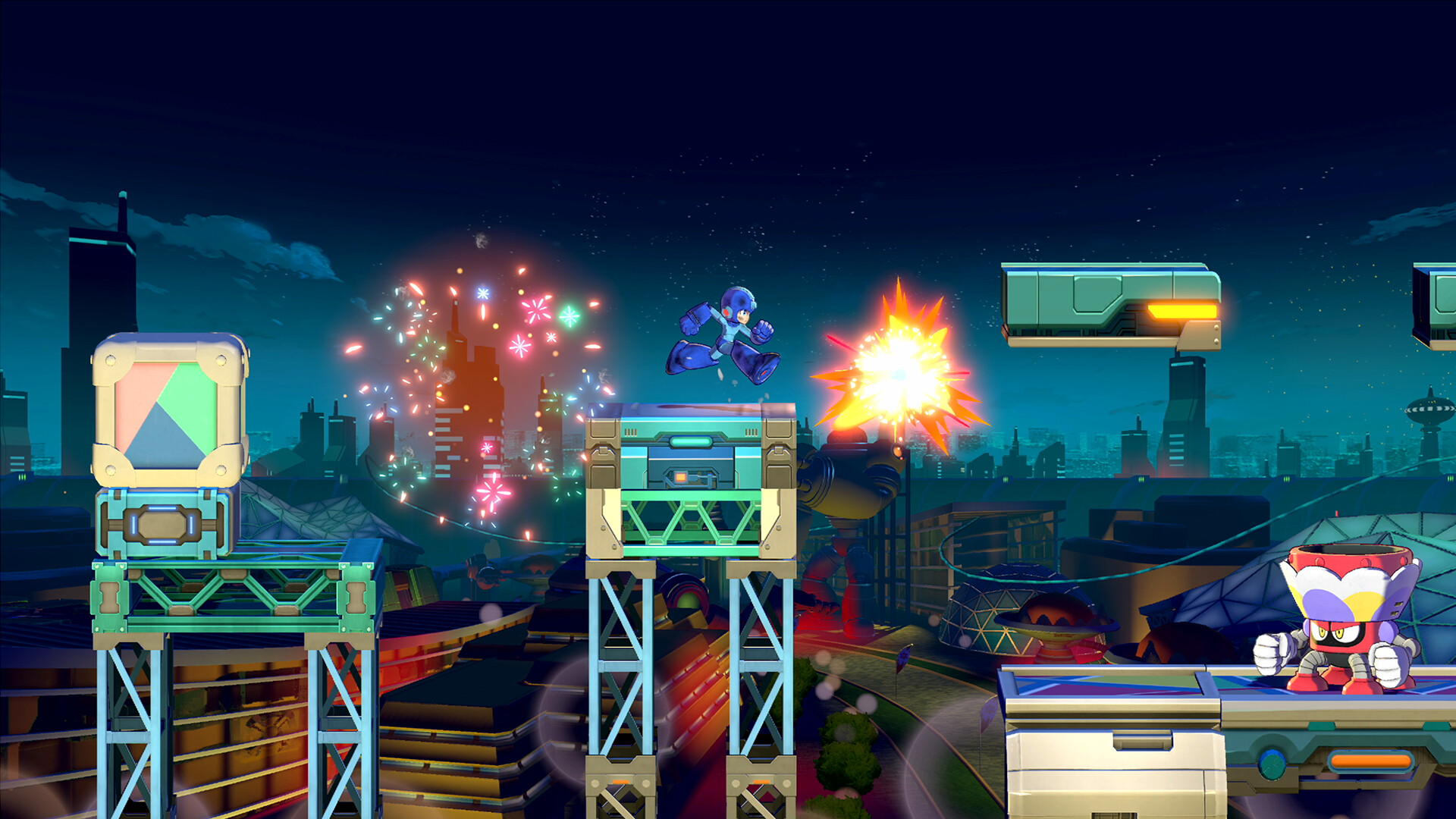 Mega Man: Dual Override screenshot: fireworks over a night-time rooftop stage.